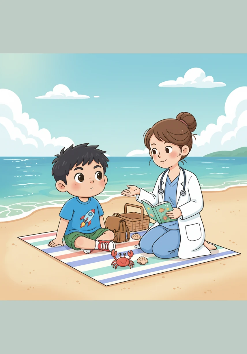 在宁静的海滩上，一只小乌龟正顶着重重的壳，在柔软的沙滩上慢慢向前爬行。它身后留下一串小小的足迹，一直延伸到蔚蓝的海边。