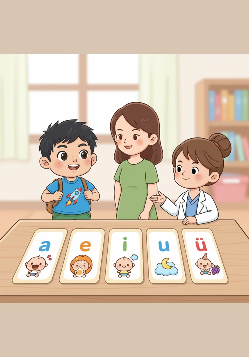 书桌上整齐地摆放着六张精美的拼音卡片，每一张卡片上都画着刚才见过的有趣图案。这六个韵母宝宝是我们的好朋友，正排着队等着和小朋友们捉迷藏。
