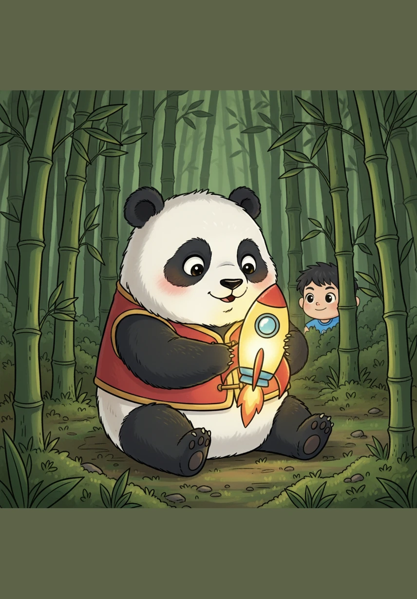 茂密的竹林里，胖乎乎的小熊猫正努力地往翠绿的竹竿上爬。它紧紧抱着竹子，圆滚滚的身子笨拙又可爱，正好奇地打量着竹林里的风景。