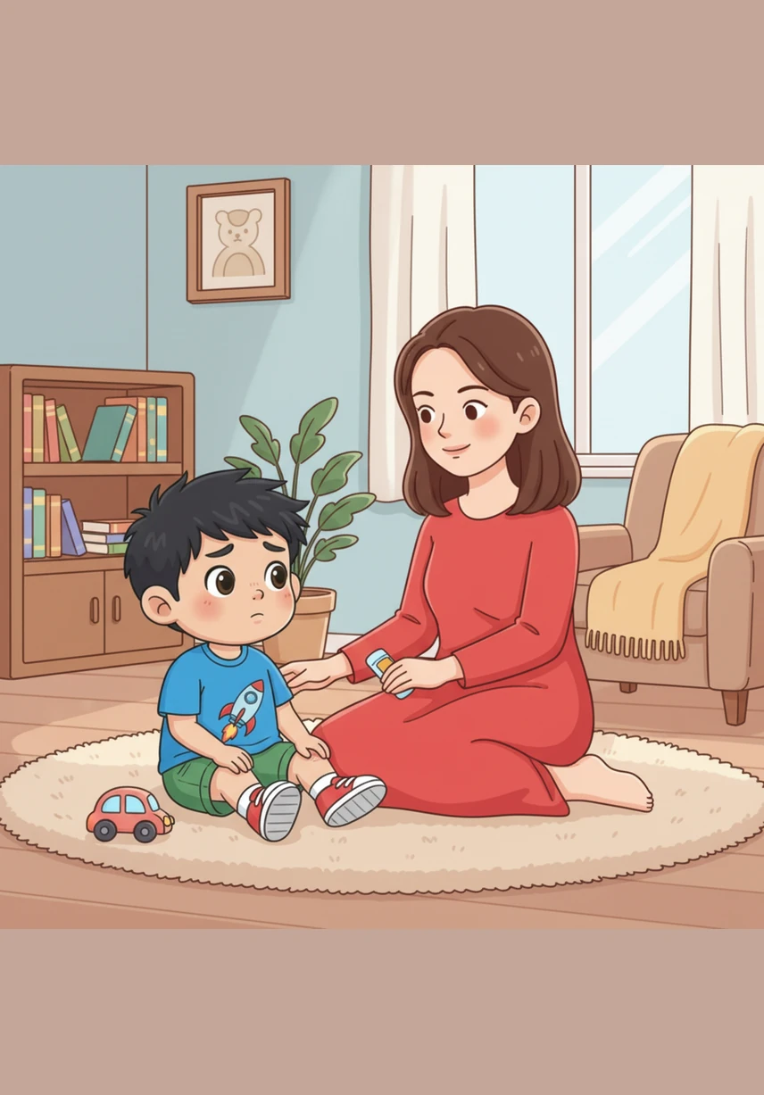 在温馨的客厅里，妈妈温柔地牵着小明的手，两人并排坐在一起。阳光洒在他们的笑脸上，充满了浓浓的爱意和幸福，这是最美好的亲子时光。