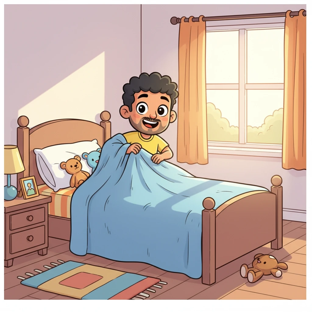 A cheerful Indian man named Gopal, with a neat mustache and a bright yellow t-shirt, peeks out from under a soft blue blanket in his cozy bedroom. His eyes are wide with excitement, a playful grin already spreading across his face as the morning sun streams through the window. The room is decorated with warm, inviting colors and simple, elegant furniture.