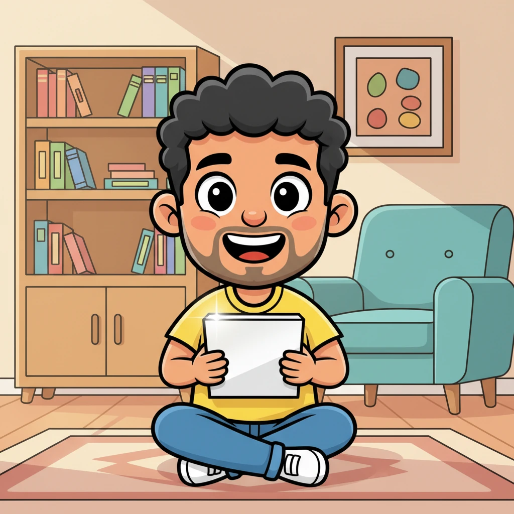 Gopal sits up, his hands carefully holding a sleek, pristine white box. His eyes sparkle with anticipation, almost as if he can see the magic within. The box has a subtle gleam, promising something wonderful inside, set against the backdrop of his beautifully designed home interior.