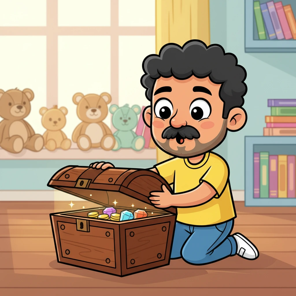 With a gentle touch, Gopal begins to slide open the box, his expression a mix of awe and delicate care. The top of the box glides away, slowly revealing a hint of the treasure nestled within. His mustache twitches slightly with barely contained excitement.