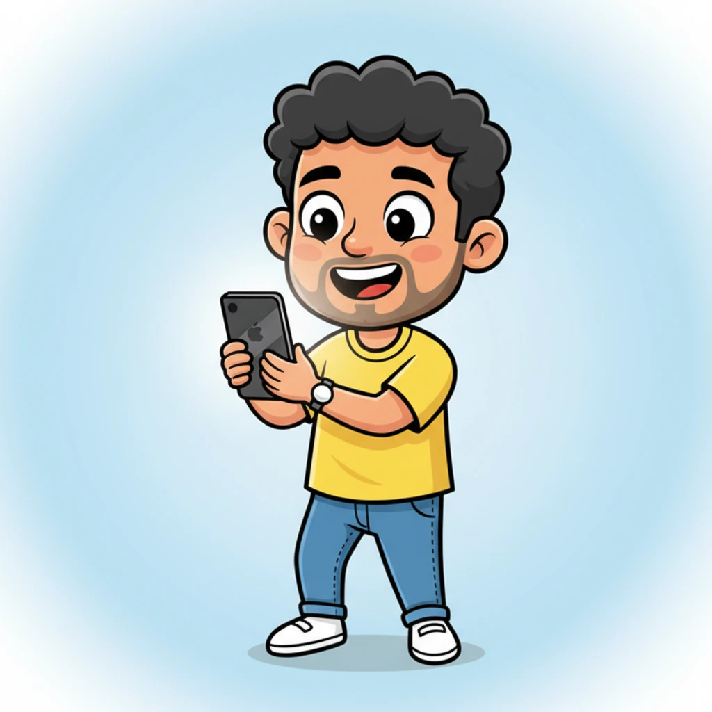 Beaming, Gopal holds up a brand-new, shimmering iPhone, its screen glowing softly. He turns it from side to side, admiring its sleek design and smooth finish. His face is illuminated by the phone's gentle light, reflecting his pure delight.