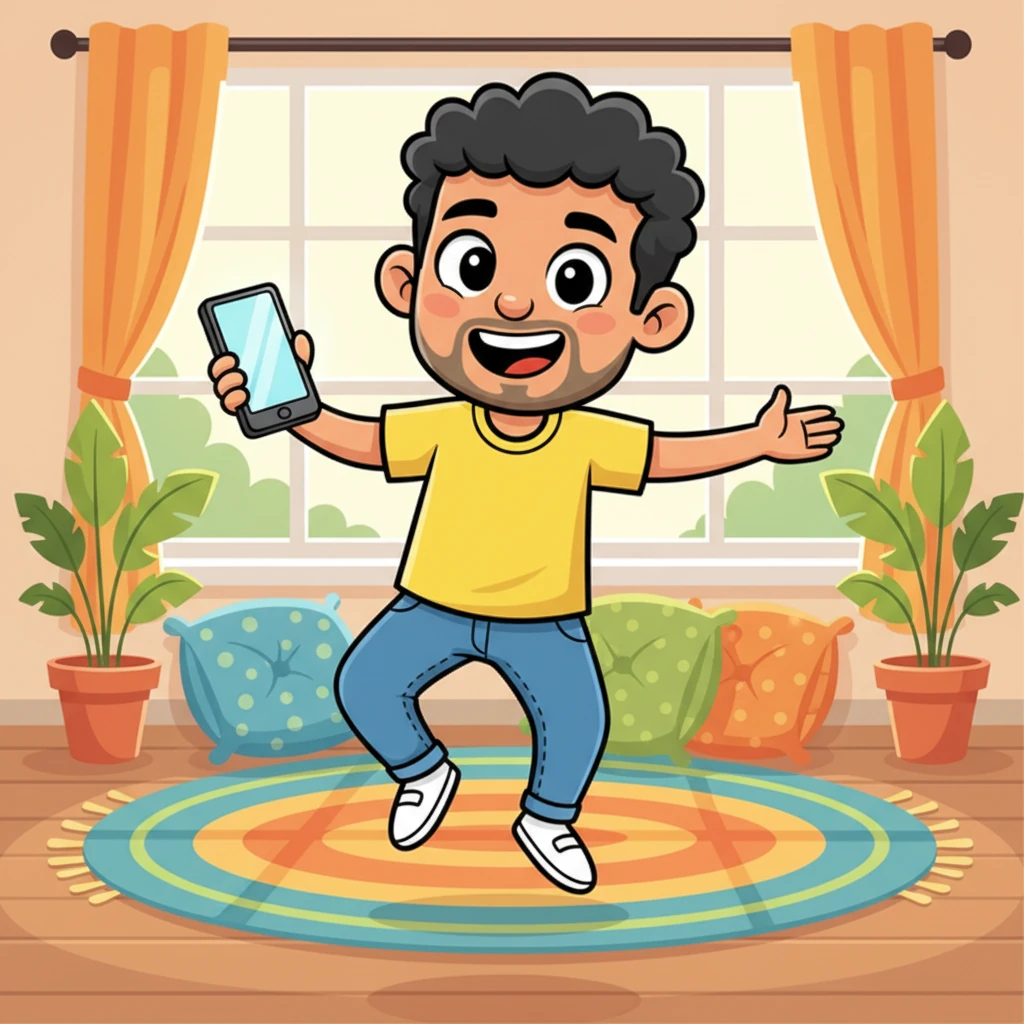 Gopal proudly gestures with the iPhone in one hand, his other hand open as if explaining its amazing features to an invisible friend. His pose is dynamic and full of life, showcasing his infectious enthusiasm. The beautiful details of his living room, with its colorful cushions and decorative plants, are visible behind him.