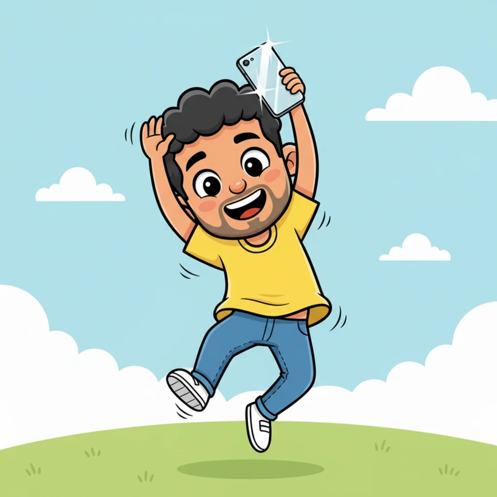 Overwhelmed with happiness, Gopal breaks into a spontaneous, joyful little dance, his feet barely touching the ground. He holds the gleaming iPhone high above his head, twirling with unbridled glee. His yellow t-shirt seems to sway with his buoyant movements.