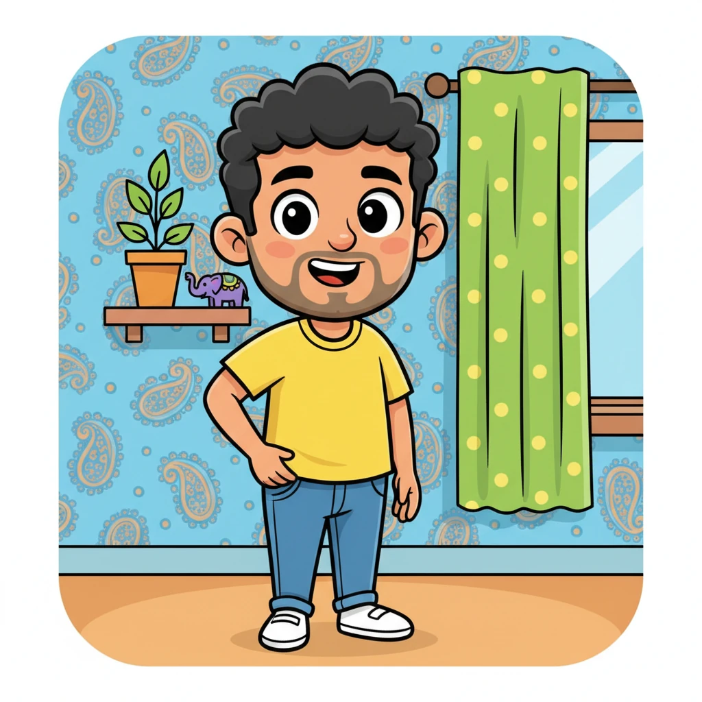 Gopal gently pats his back pocket, a reassuring gesture that confirms his new gadget is perfectly secure. A soft, happy smile plays on his lips, a testament to his simple joy. The vibrant patterns of his home decor add a cheerful touch to the background.