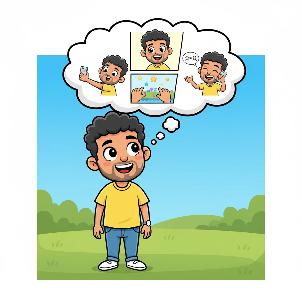 A whimsical thought bubble appears above Gopal's head, showing playful cartoon images of him using his new iPhone: perhaps taking a selfie, playing a fun game, or chatting with friends. He gazes upwards, lost in delightful daydreams of future adventures with his phone.