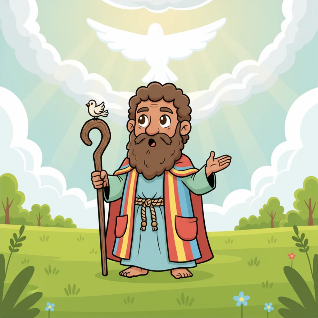 Noé, un hombre amable con un gran corazón, recibe un mensaje muy importante. Se encuentra en un campo exuberante y verde, mirando al cielo con una expresión de sorpresa y determinación. Las nubes comienzan a reunirse suavemente en lo alto.