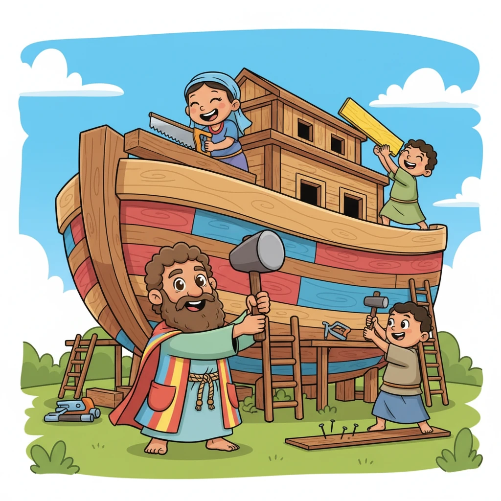 Con gran entusiasmo, Noé y su familia comienzan a construir una gigantesca y maravillosa arca. Todos trabajan juntos, martillando y aserrando con herramientas exageradas y rostros alegres. La estructura de madera, enorme y colorida, empieza a tomar forma.