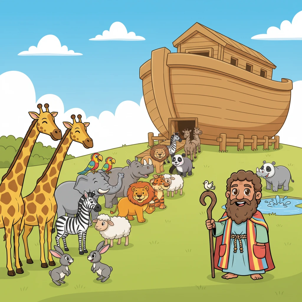 Animales de todas partes del mundo comienzan a llegar, de dos en dos, formando una fila interminable. Criaturas grandes y pequeñas, con sonrisas curiosas, caminan hacia el arca con un aire juguetón. Sus interacciones son amistosas y llenas de vida.