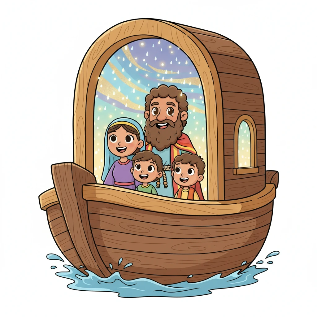 La lluvia comienza a caer, suave y brillante al principio, creando un espectáculo mágico. Noé y su familia observan desde el interior del arca, sus rostros llenos de asombro y admiración. Lentamente, el arca empieza a flotar sobre el agua que sube.