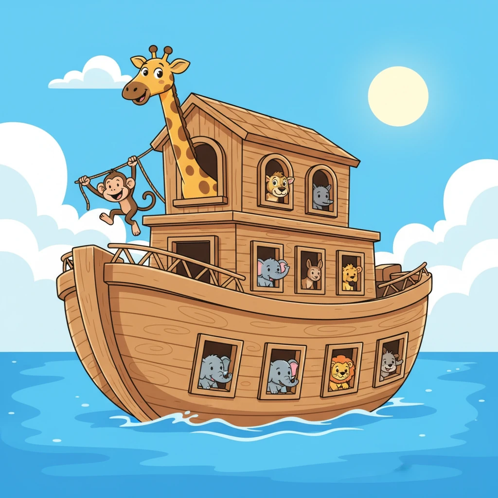 El arca navega ahora sobre vastas y tranquilas aguas azules, un océano de serenidad. Dentro, los animales disfrutan de su viaje, jugando y haciendo nuevos amigos. Una jirafa se asoma por una ventana superior mientras un mono se columpia alegremente.