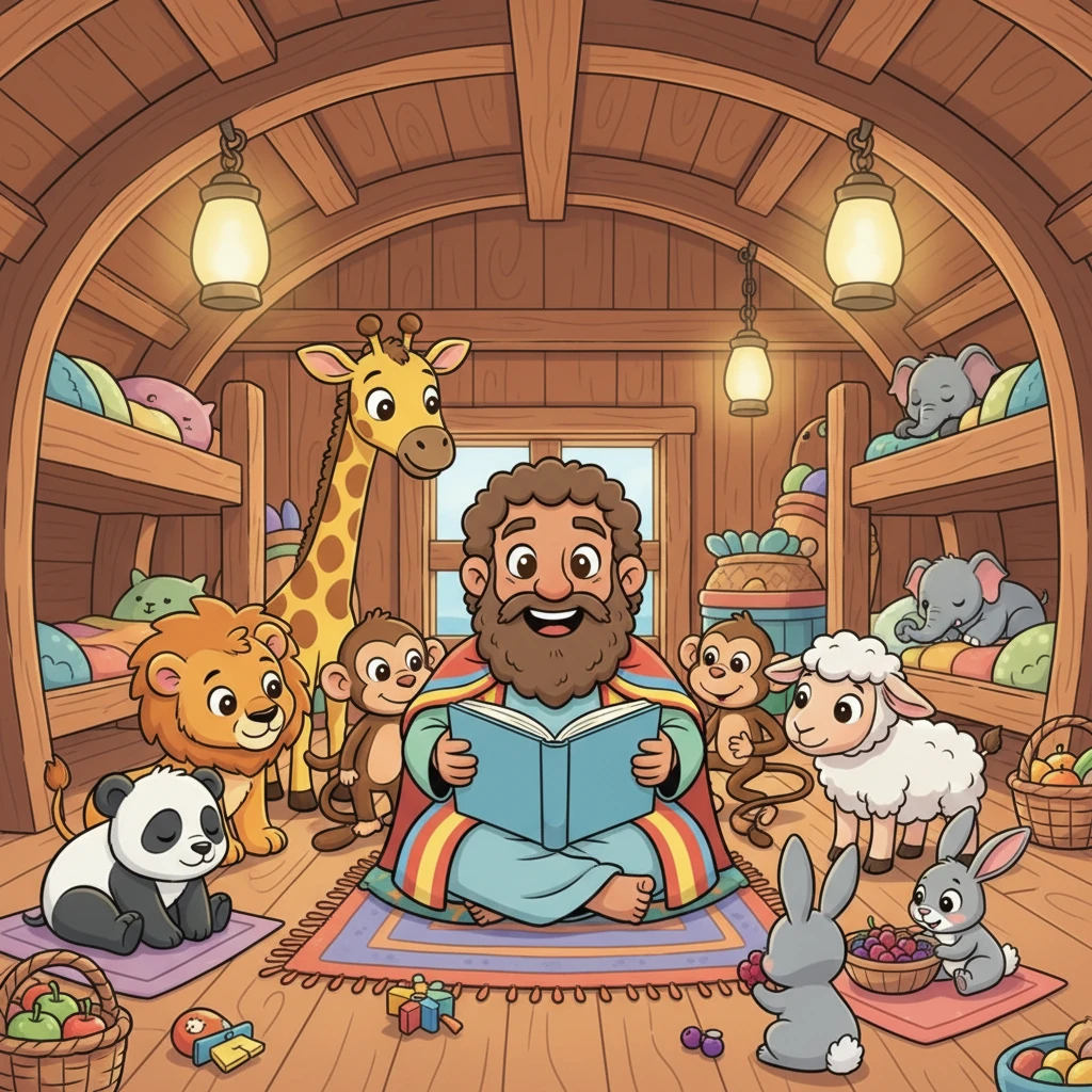 Los días se convierten en semanas, y todos a bordo del arca se sienten cómodos y contentos. Noé lee una historia a un grupo de animales atentos, mientras otros duermen la siesta o comparten deliciosos bocadillos. La atmósfera es cálida y de camaradería.