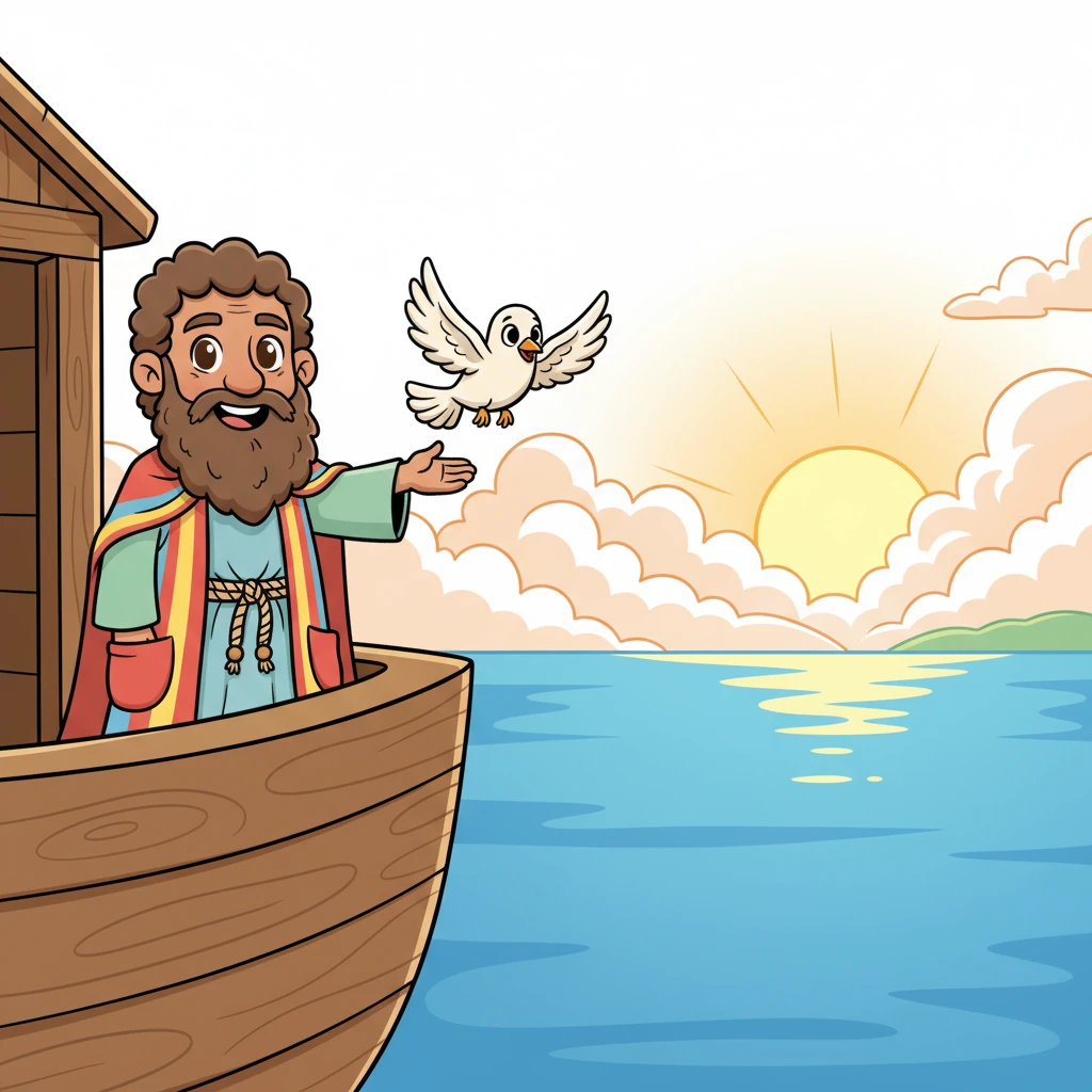 Una mañana, Noé suelta una paloma juguetona, que vuela con gracia sobre las calmadas aguas azules. La paloma busca tierra firme, mientras el sol comienza a asomarse entre las nubes en la distancia. Es un momento de esperanza y expectación.