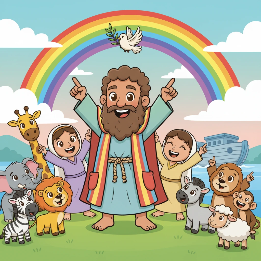 ¡La paloma regresa con una rama de olivo fresca y verde en su pico! Noé y su familia vitorean de alegría, y los animales se congregan emocionados a su alrededor. Un hermoso arcoíris se extiende a través del cielo, señalando una nueva promesa y un final feliz.