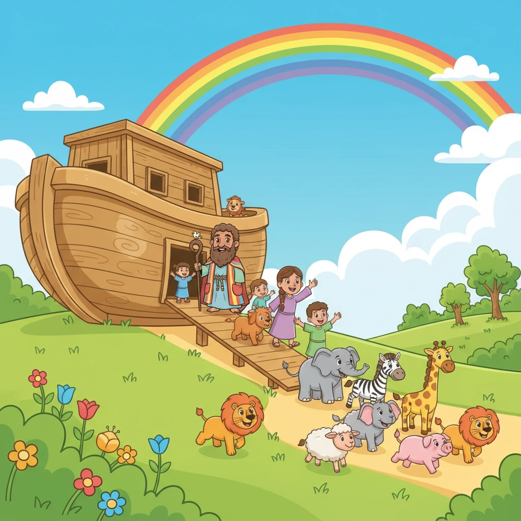 El arca finalmente descansa sobre tierra seca, y todos los animales desembarcan con alegría, listos para explorar su nuevo y hermoso mundo. Noé y su familia observan sonriendo el colorido desfile de criaturas que se dispersan en un paisaje vibrante y verde, bajo un cielo brillante y despejado.