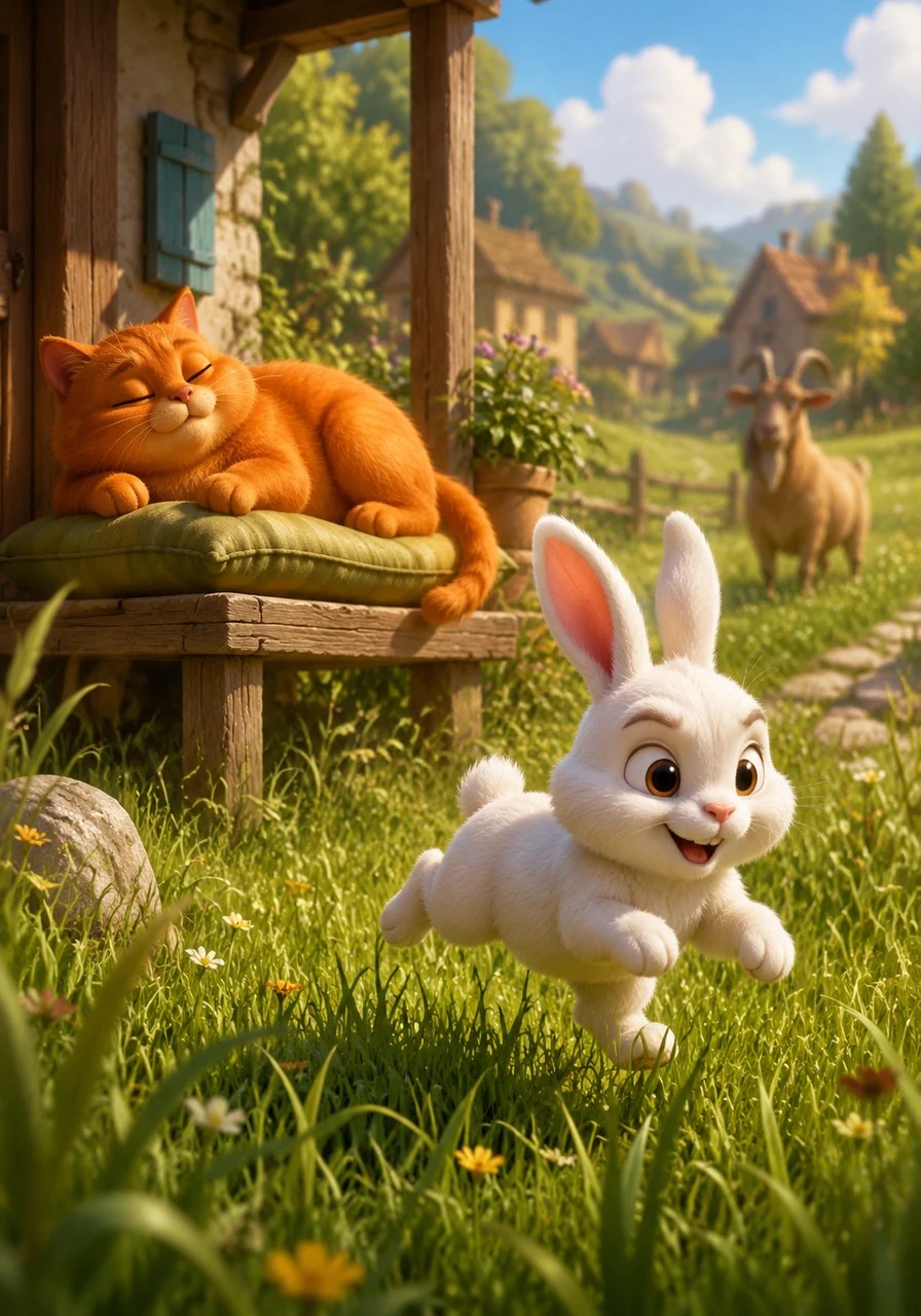 In a sun-drenched, peaceful village, a fluffy white rabbit named Bunny energetically hops through the tall grass while Milo, a plump orange cat, dozes contentedly on a soft porch cushion. Bunny is the picture of health and movement, while Milo treats the short walk to his food bowl as his only form of daily cardio.