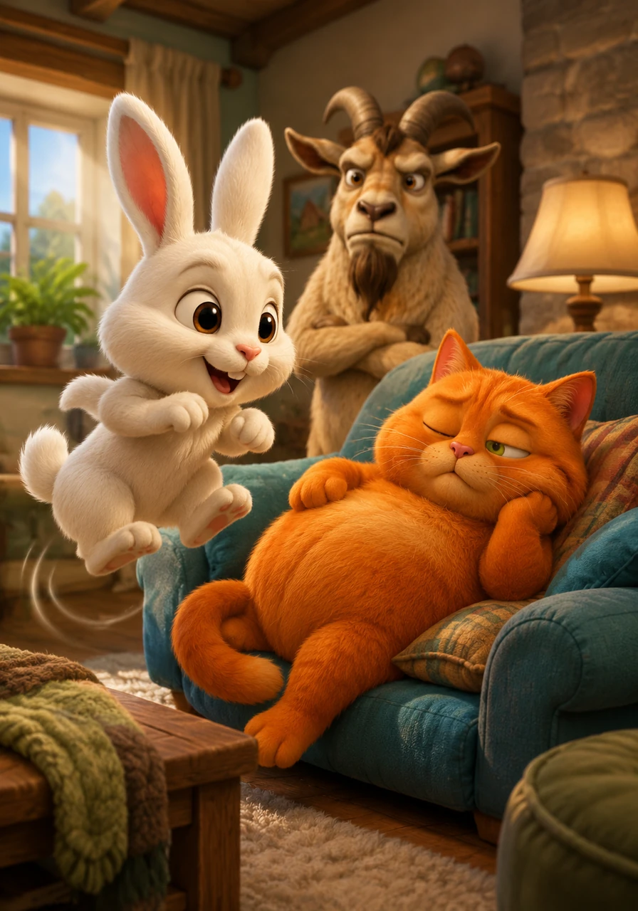 Bunny bounces into Milo’s cozy living room with a twitching nose, waking the cat from his eighteenth hour of sleep. When Bunny proposes a jumping contest to test their skills, Milo merely cracks one eye open and asks if there is a category for competitive napping instead.