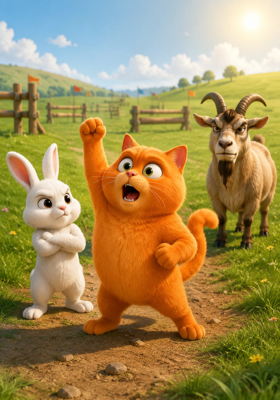 After Bunny questions his courage, Milo’s pride takes over, and he stands up with dramatic flair to accept the challenge. They head out to a wide, green field where the training for the Great Jumping Championship is set to begin under the morning sun.