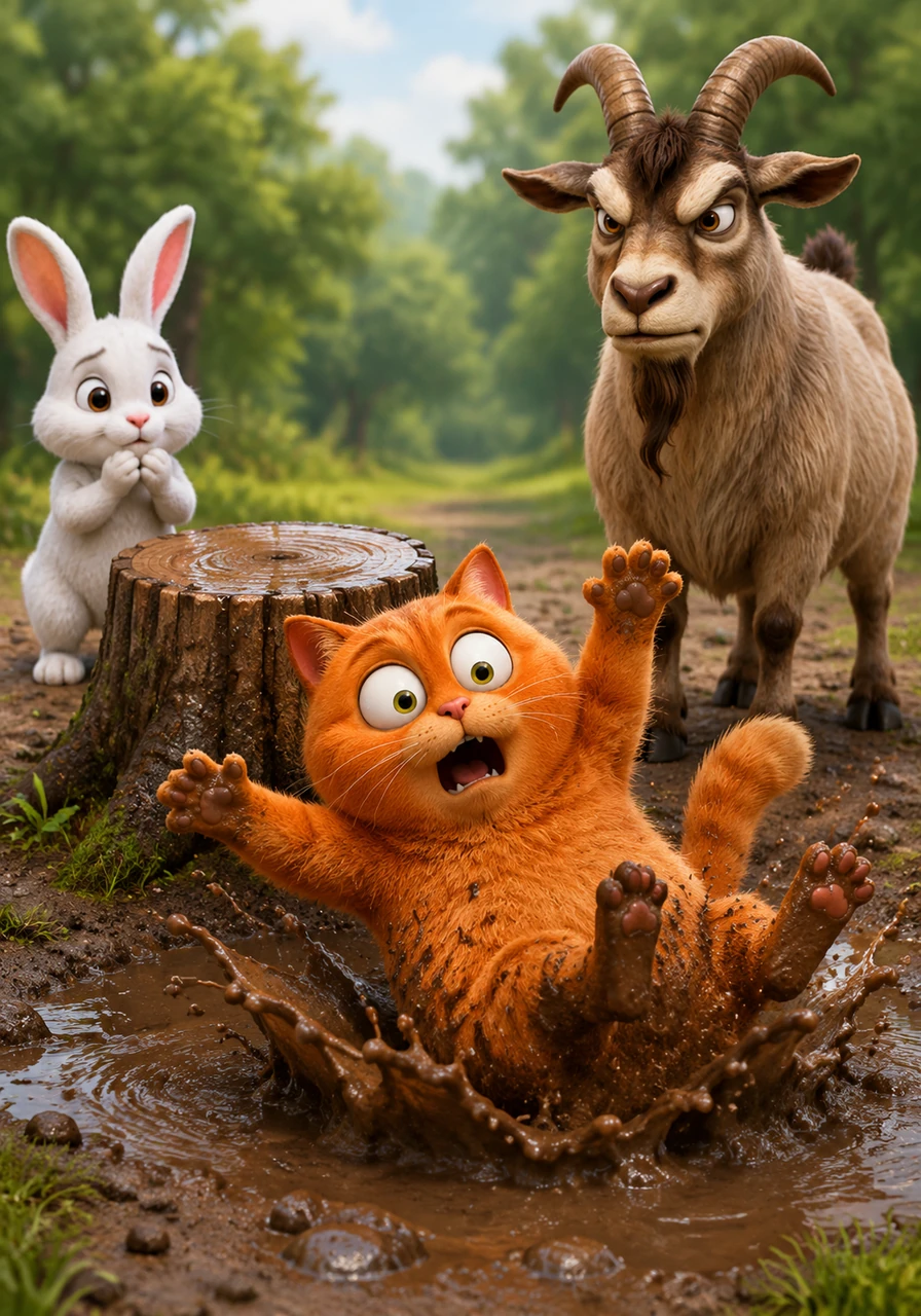 For the first lesson in balance, Milo cautiously climbs onto a slippery old tree stump, trying to maintain an air of feline elegance. His confidence is short-lived as he wobbles, flails his paws, and tumbles backward with a giant splash into a messy, cold mud puddle.
