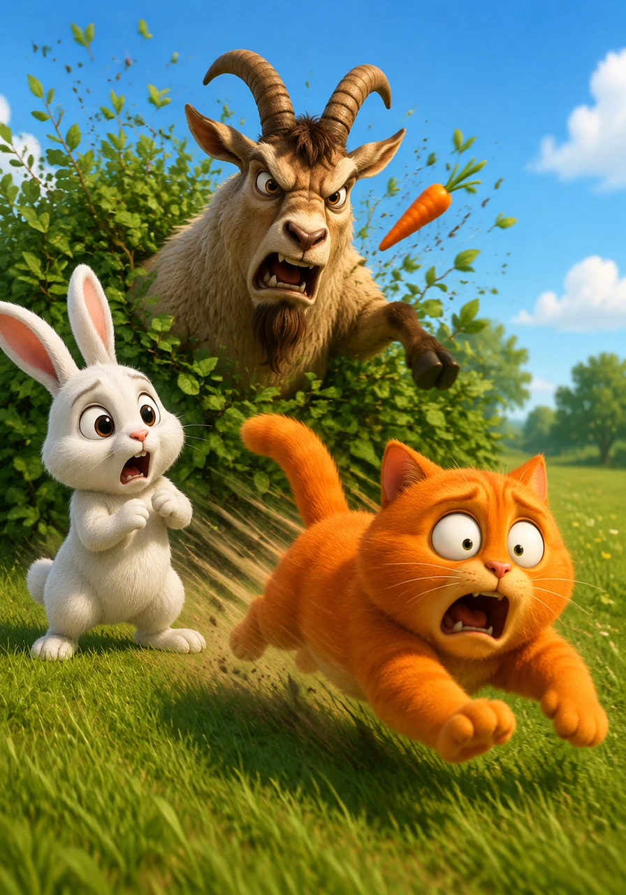 The bush begins to rustle violently as a grumpy, bearded goat emerges, furious about the flying carrot hitting him. Milo lets out a high-pitched yowl and sprints across the field with incredible speed, leaving Bunny gasping in surprise at the cat’s sudden burst of energy.