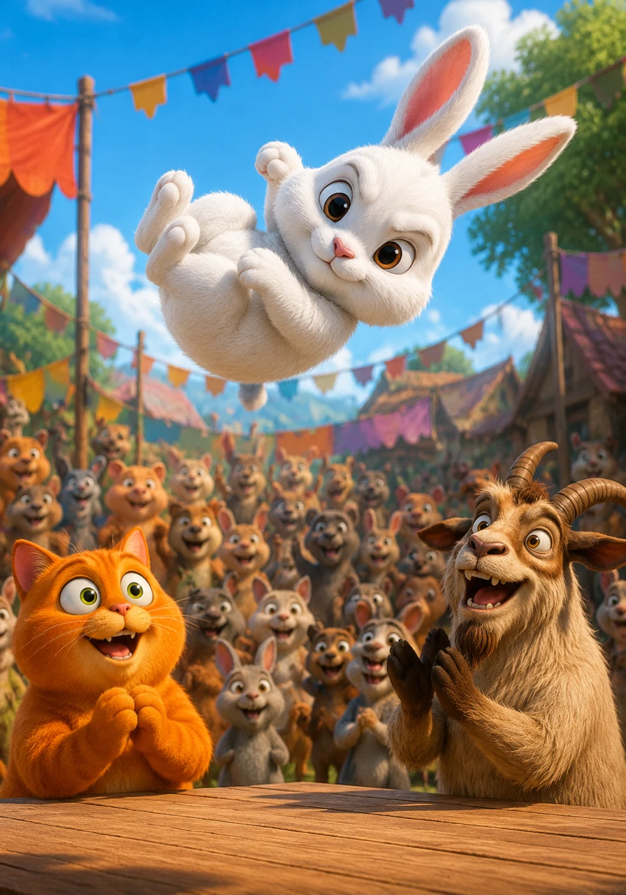 On the day of the championship, the village square is packed with cheering animals and colorful banners. Bunny takes to the stage first, performing a series of breathtaking flips and high-altitude hops that leave the crowd roaring with applause and admiration.