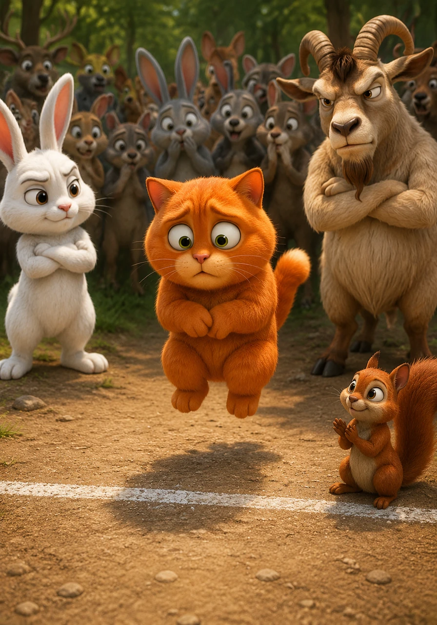 Milo steps onto the starting line, feeling small and nervous under the skeptical gaze of the whispering crowd. He gives a tiny, pathetic hop of only three inches, resulting in an awkward silence broken only by the single, sympathetic clap of a lonely squirrel.