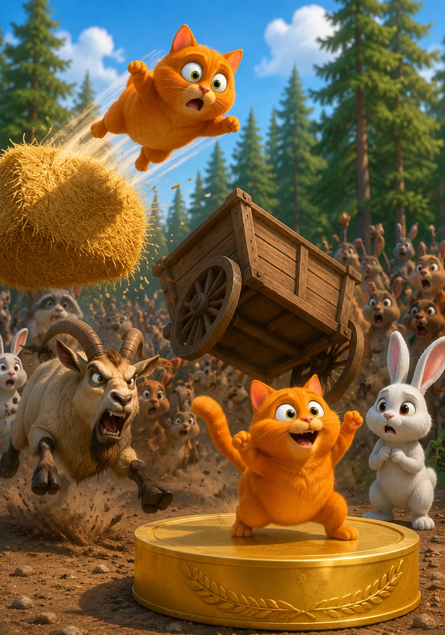 Suddenly, the angry goat from the woods bursts through the crowd, causing Milo to launch into the air with a frantic, gravity-defying leap. He bounces off a haystack, flips over a wooden cart, and lands perfectly on the gold-medal platform in a blur of orange fur.
