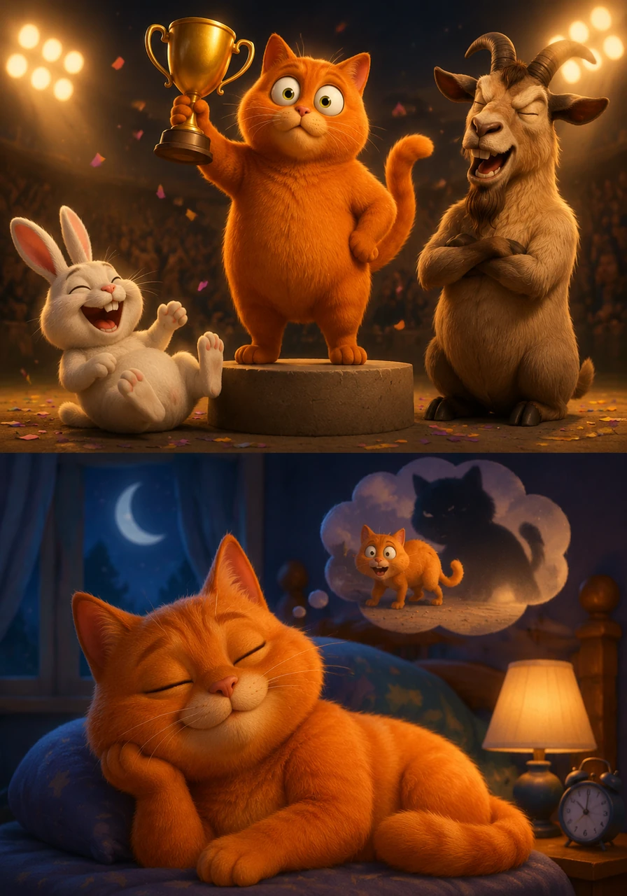 As the judge declares Milo the new champion, Bunny falls over laughing at his friend’s accidental victory while the goat snorts proudly like a professional coach. That night, Milo realizes that while he still loves his naps, a little bit of fear is the most effective trainer a cat could ever have.