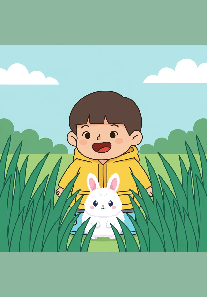 Little Leo peeked through the tall, emerald grass in his backyard and spotted a pair of long, twitching ears. A fluffy white bunny sat very still, its pink nose wiggling with curiosity at the new visitor.