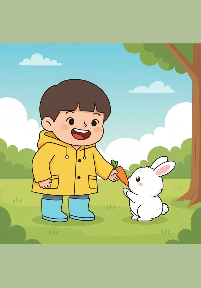 Leo reached into his pocket and pulled out a crisp, orange carrot he had saved from lunch. He held it out gently, and with a brave hop, the bunny nibbled the treat right from his hand.