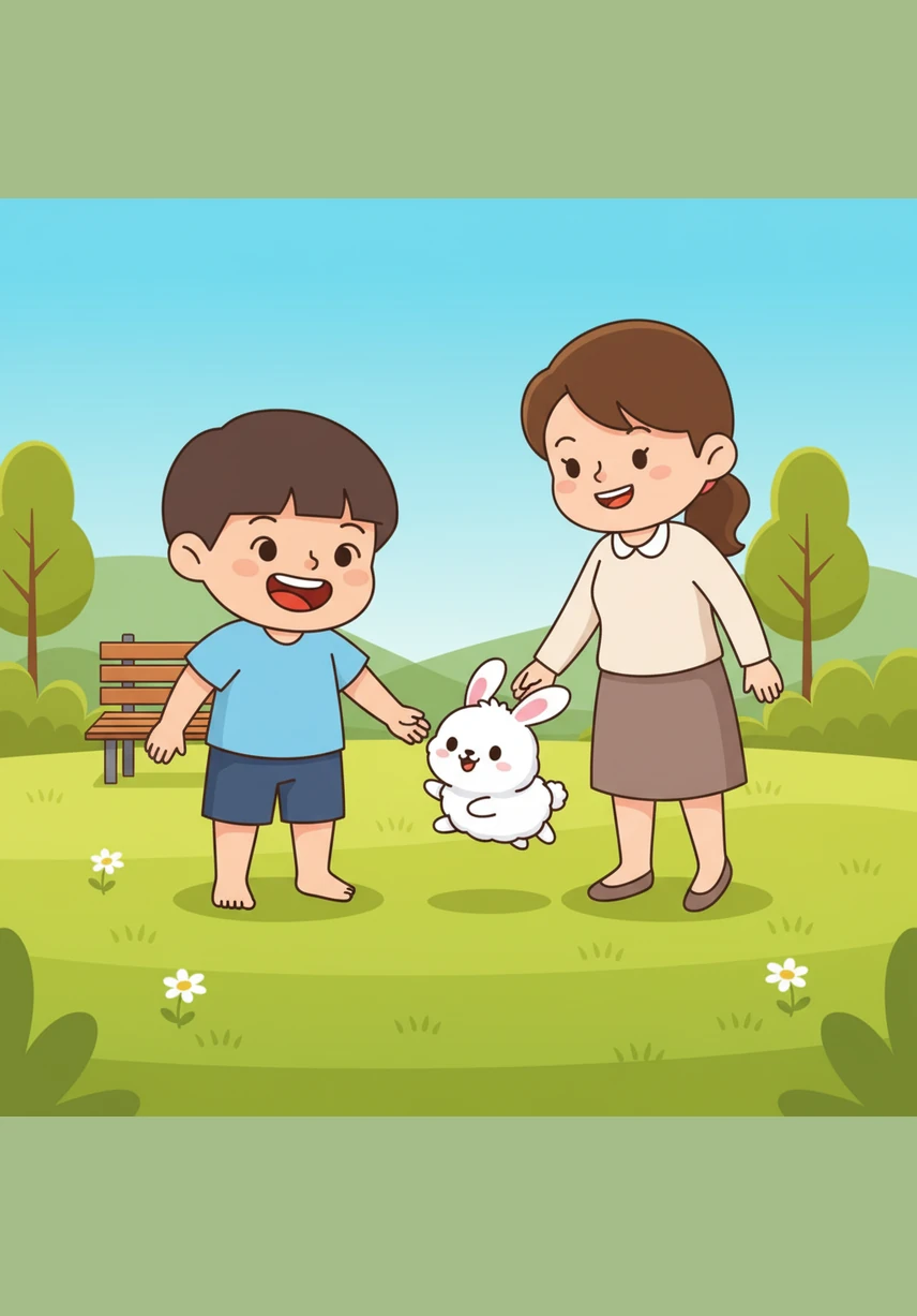 They spent the golden afternoon chasing bright blue butterflies across the lawn. Every time Leo jumped, the bunny leaped even higher, their laughter and hops filling the warm air.