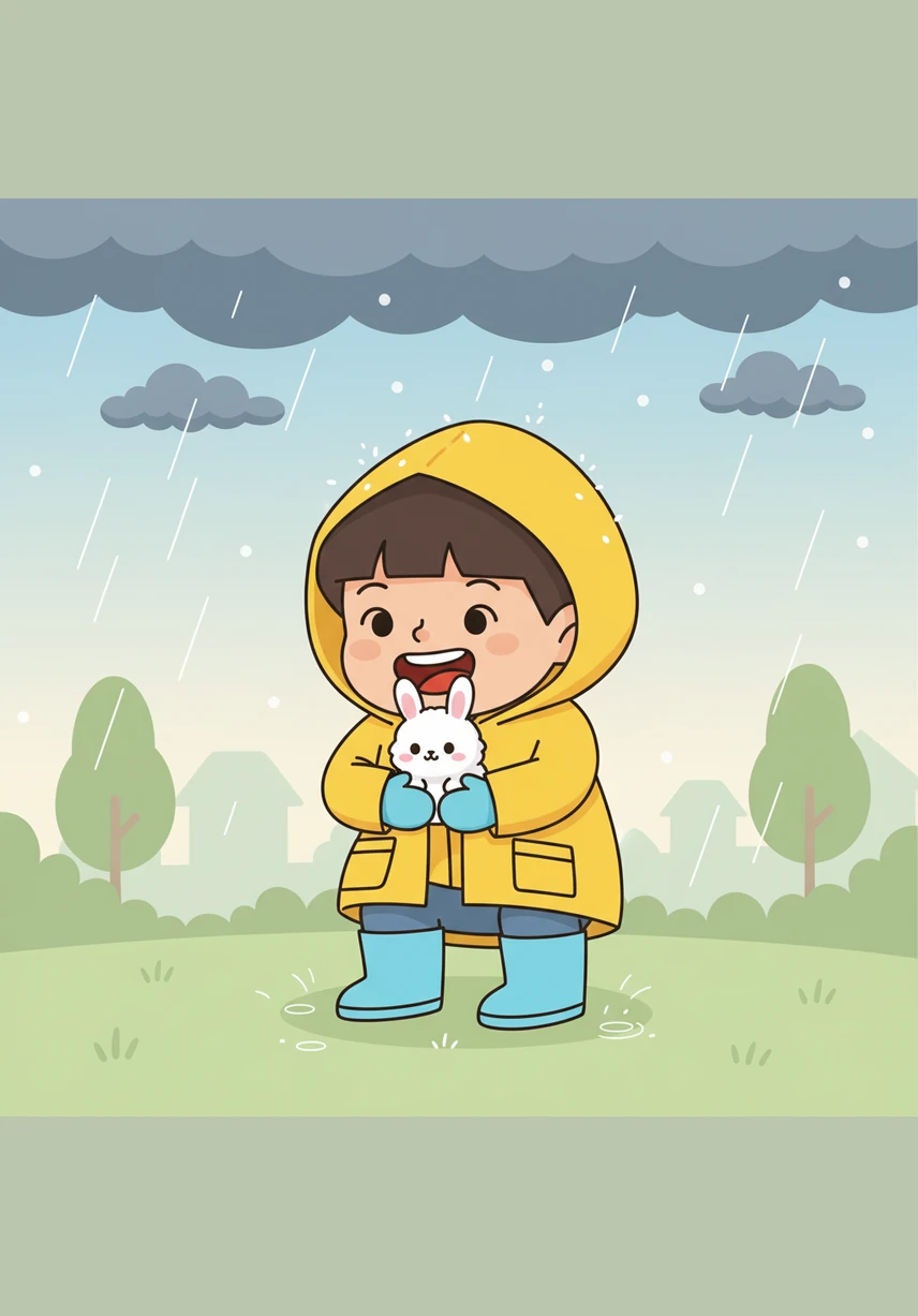 Dark clouds gathered overhead, and a soft pitter-patter of rain began to fall. Leo scooped up the shivering bunny and shielded him under his yellow raincoat, keeping his tiny friend safe and dry.