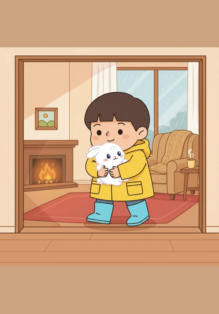 Leo carefully carried the bunny inside his warm, cozy house as the rain turned into a rhythmic drumbeat on the roof. The bunny looked around with wide eyes, feeling the soft carpet beneath its paws for the first time.