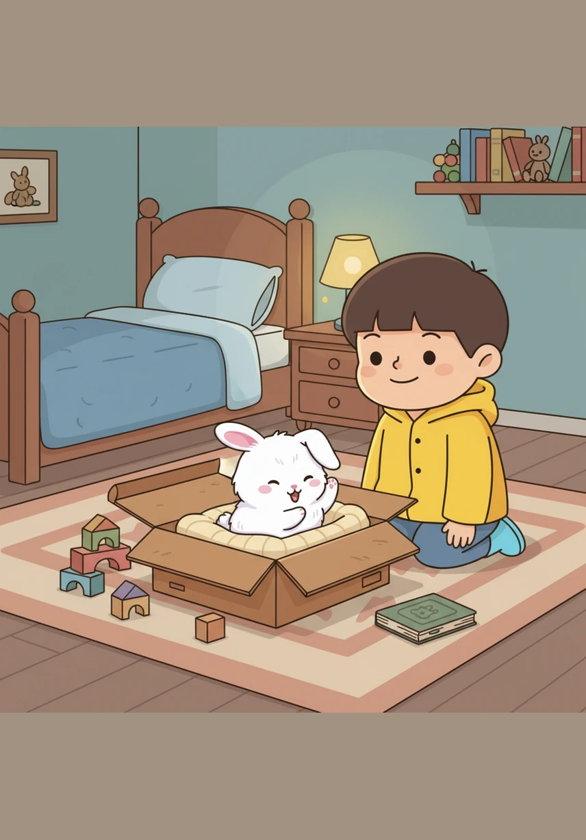 Using an old shoebox and his softest wool scarf, Leo crafted a tiny, comfortable bed. The bunny hopped in and began to groom its ears, finally feeling right at home in Leo's bedroom.