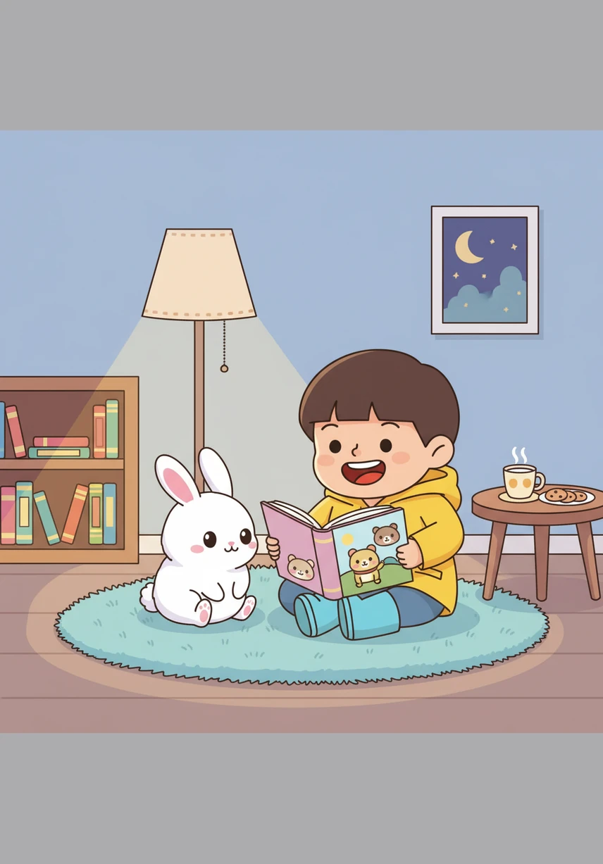 As evening fell, Leo sat on the floor and opened his favorite picture book to share with his companion. The bunny snuggled close against Leo's leg, listening intently to the soothing sound of his voice.
