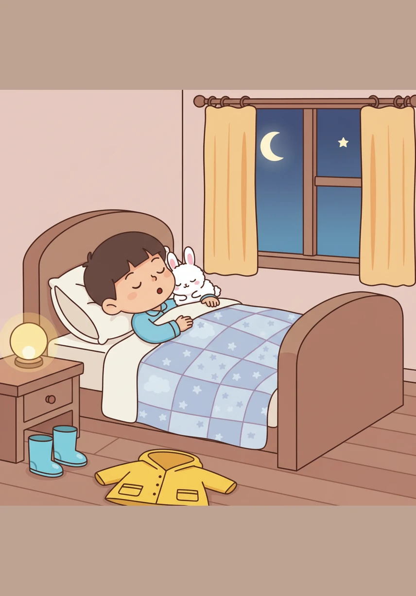 The moon rose high in the sky, casting a gentle silver glow over the room. Leo and his bunny friend fell fast asleep, tucked away in their cozy sanctuary, ready for many more adventures tomorrow.