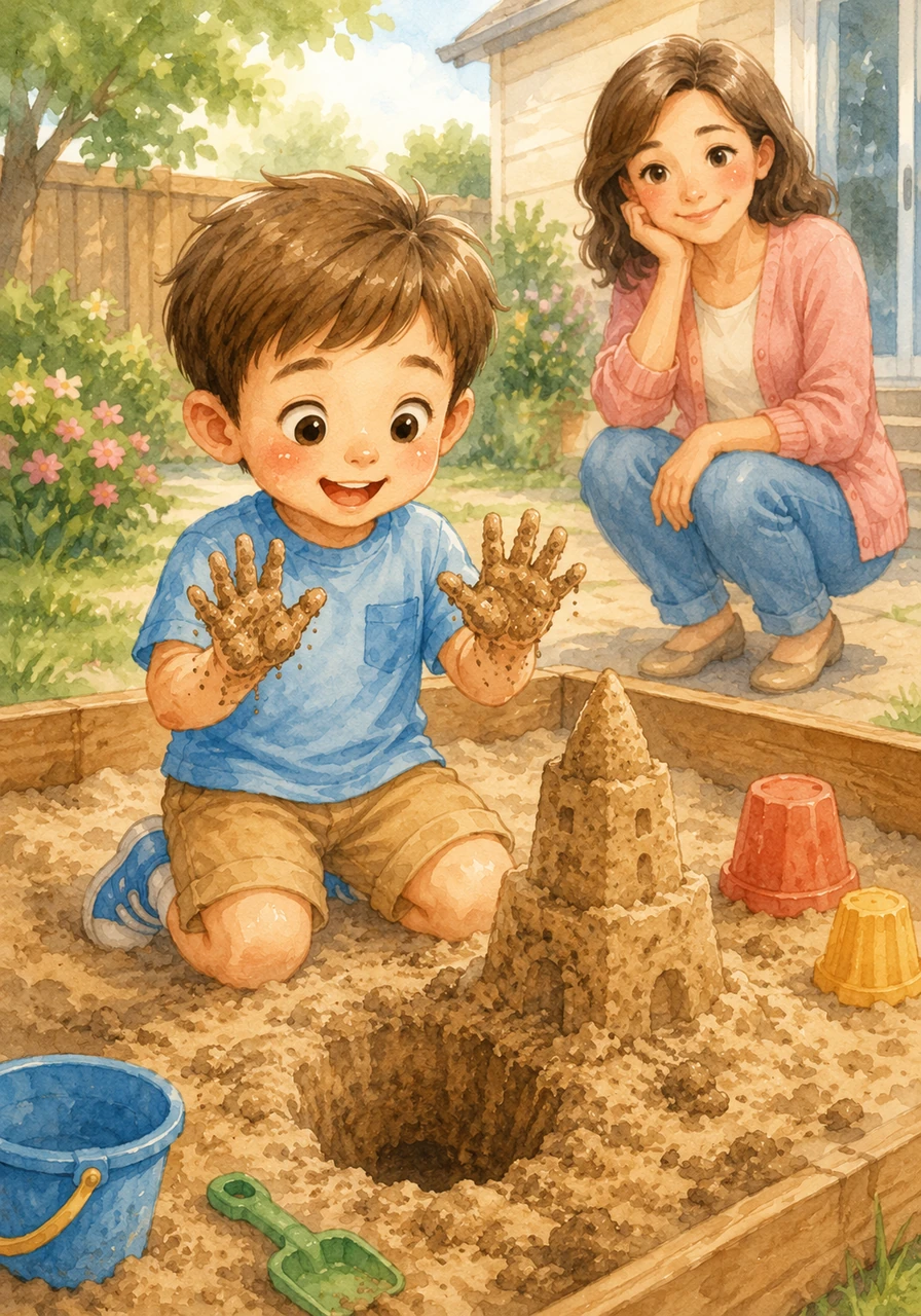 Adam is having a wonderful time playing in the backyard sandbox, building tall towers and digging deep holes. He looks down and sees that his hands are covered in brown garden dirt and tiny bits of sand.
