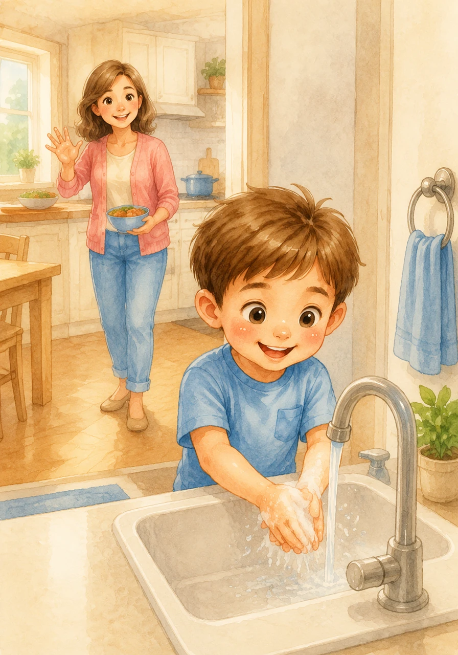 Mom calls from the kitchen because it is time for a delicious lunch. Adam knows that before he can touch his food, he must go to the sink and make his hands clean and bright.