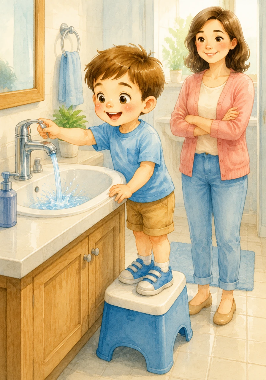 Adam walks to the bathroom and stands on his sturdy little step stool so he can reach the sink. He carefully turns the faucet, and cool, clear water begins to splash and dance into the basin.