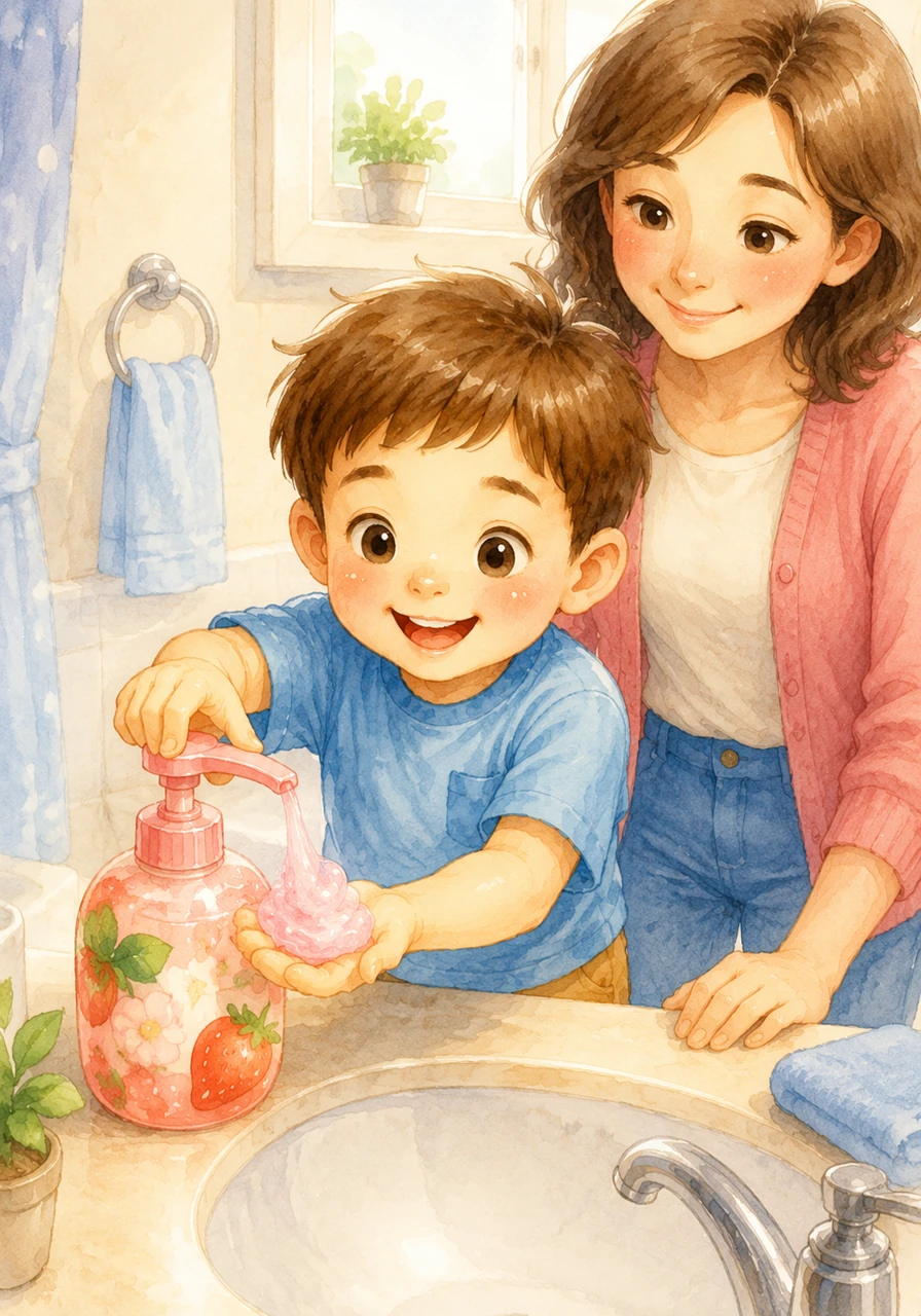 He reaches for the colorful soap bottle and presses down to get a big, slippery dollop of soap. The soap smells like sweet strawberries and feels soft as it spreads across his small palms.