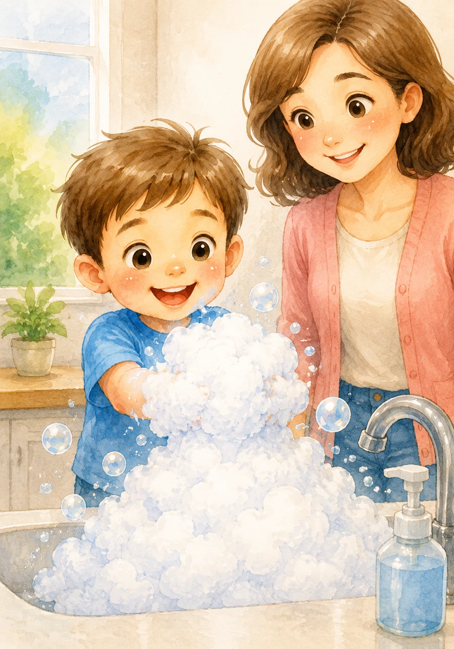 Adam rubs his palms together in big circles, creating a mountain of white, fluffy bubbles. He giggles as the bubbles grow bigger and bigger, covering his hands like soft, soapy mittens.