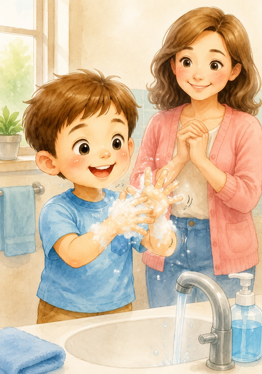 Now he remembers to scrub the backs of his hands and hide the soap between his fingers. He wiggles his fingers back and forth to make sure every little spot is covered in magical white suds.