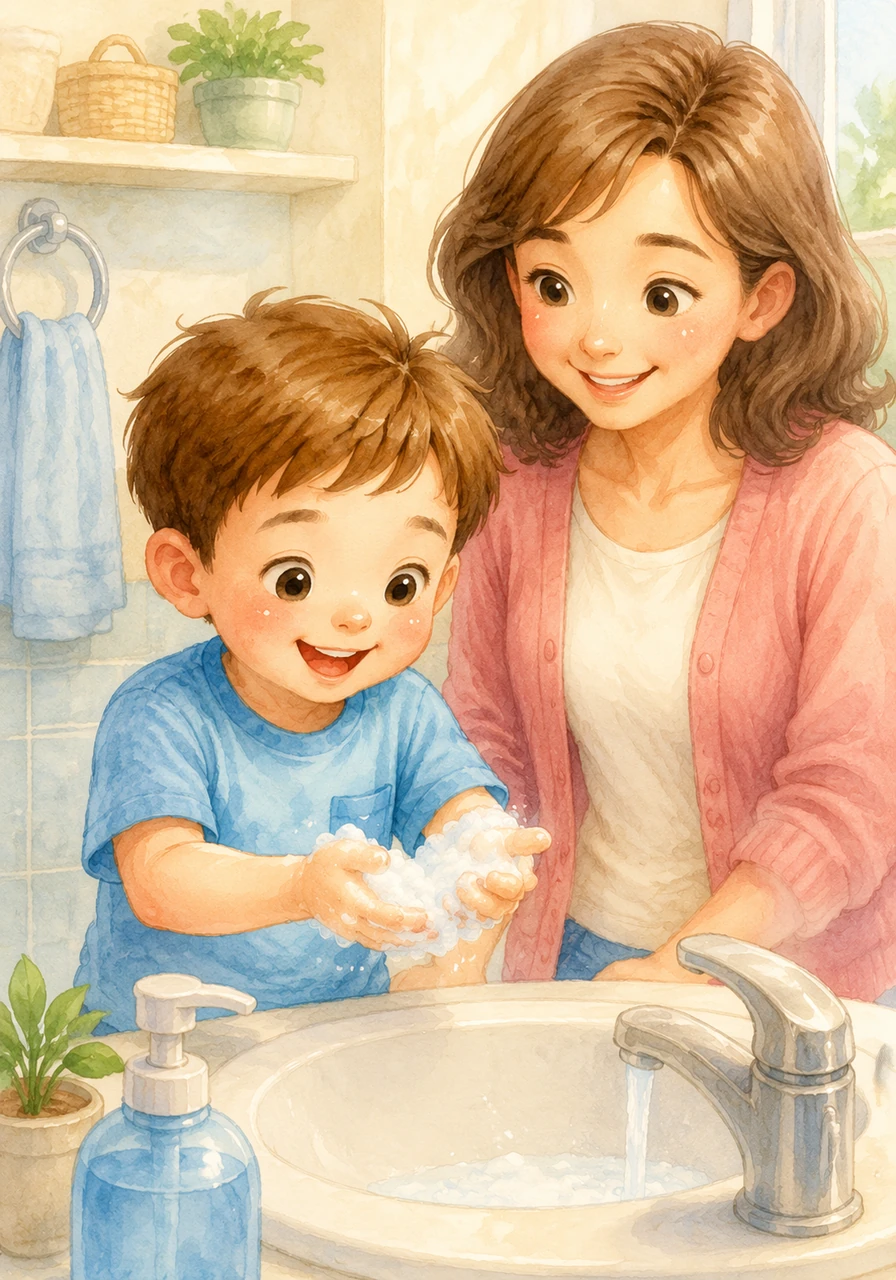 He pretends his fingernails are little boats and scrubs them gently against his soapy palms. This special trick makes sure that even the tiniest bits of dirt from the garden are all washed away.