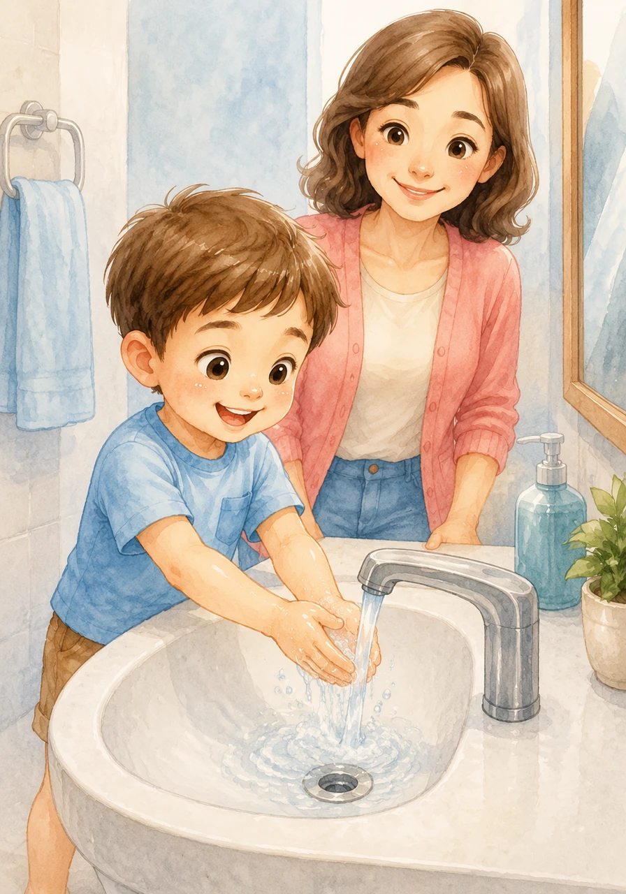 Adam puts his hands under the running water to rinse all the bubbles and dirt down the drain. He watches the suds swirl away, leaving his skin feeling fresh, cool, and very clean.