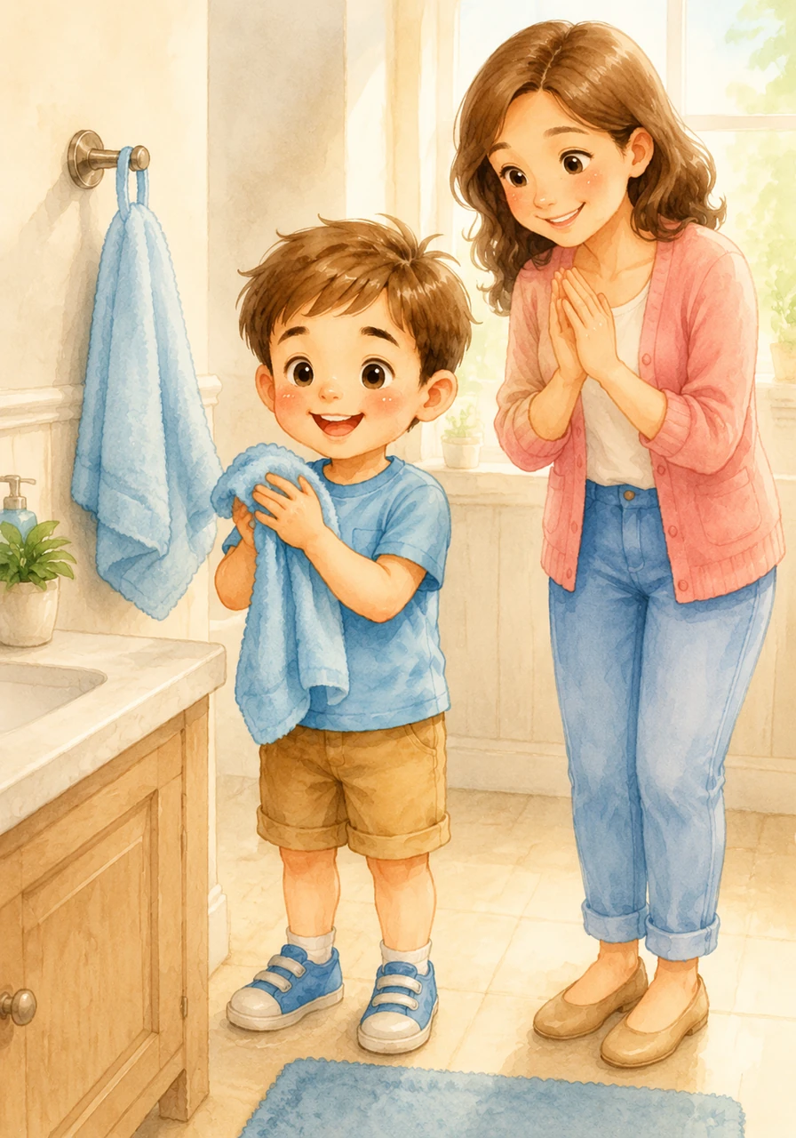 He reaches for his favorite soft towel hanging on the wall and wraps it around his wet hands. He pats them dry until they are warm and cozy, feeling very proud of his handwashing skills.