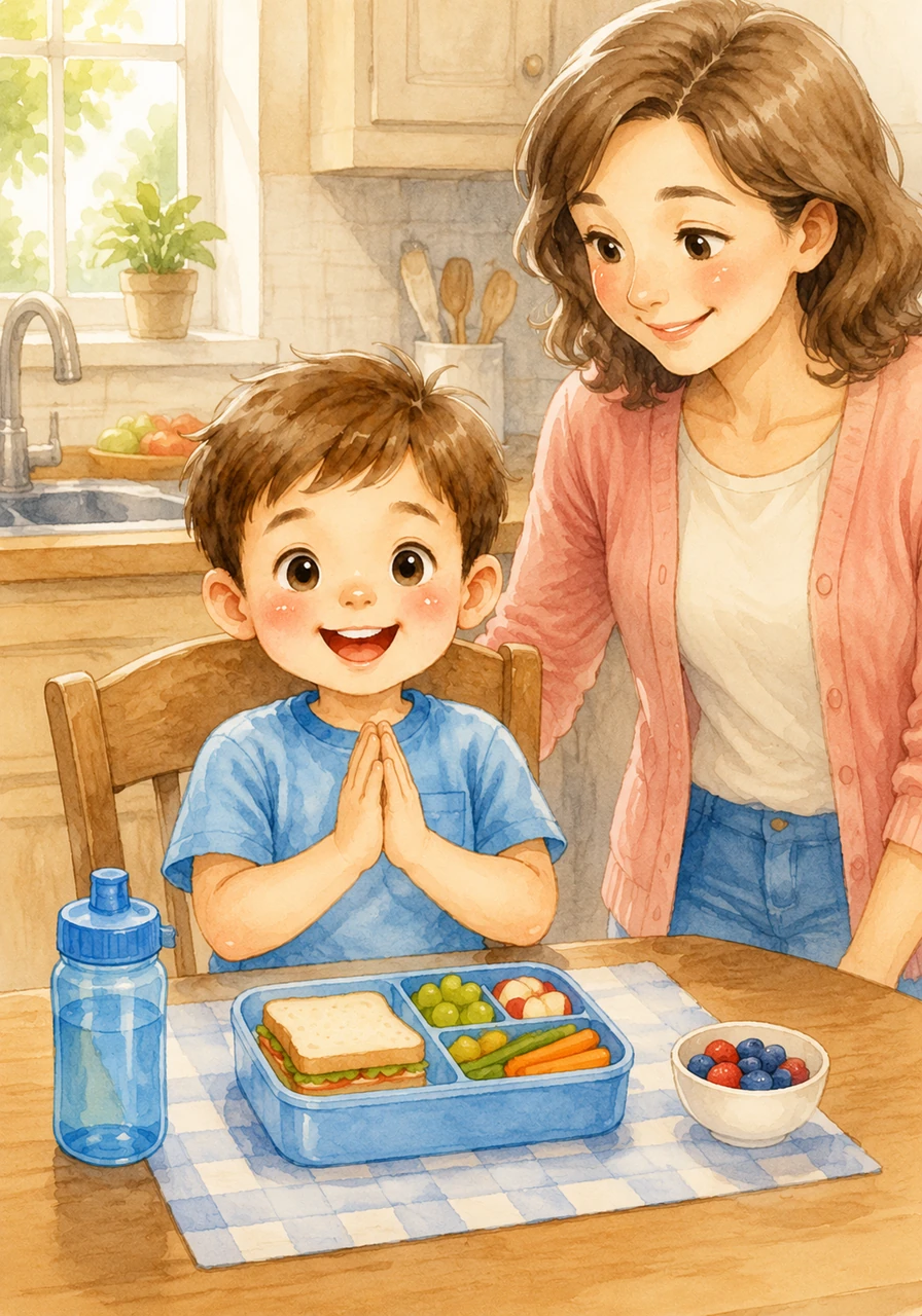 With sparkling clean hands and a big happy smile, Adam sits down at the kitchen table. He is ready to enjoy his lunch, knowing he did a great job following his healthy handwashing routine.