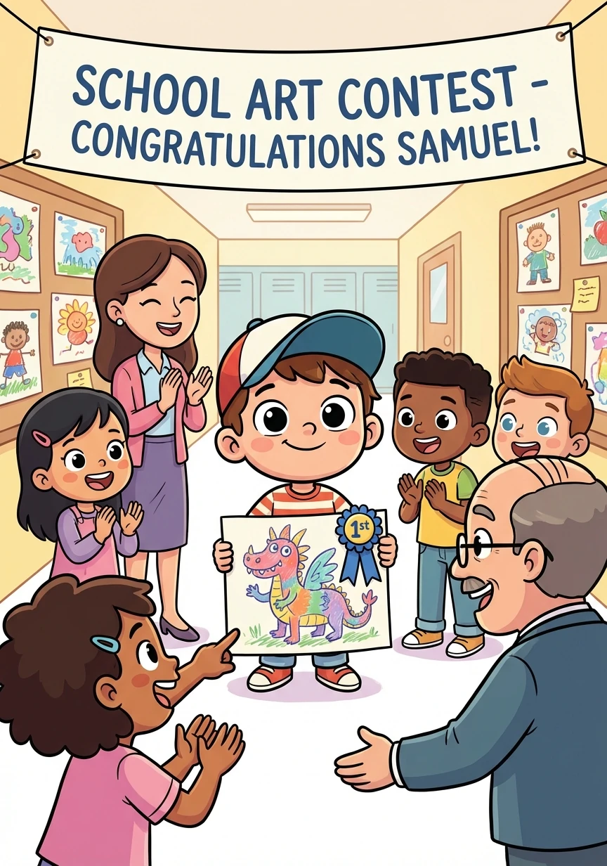 Un día, Samuel ganó un concurso de dibujo en su escuela. Su talento y su creatividad impresionaron a todos. Se sentía orgulloso de sí mismo.