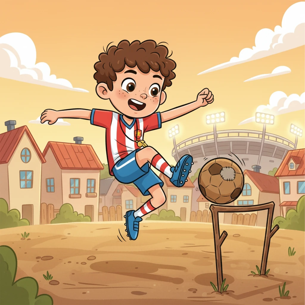 Ronaldo was a young boy with a passion for football. His small town buzzed with excitement whenever a match was on. He practiced tirelessly, dreaming of scoring the winning goal under the bright stadium lights. His favorite player was a legend named Cristiano.